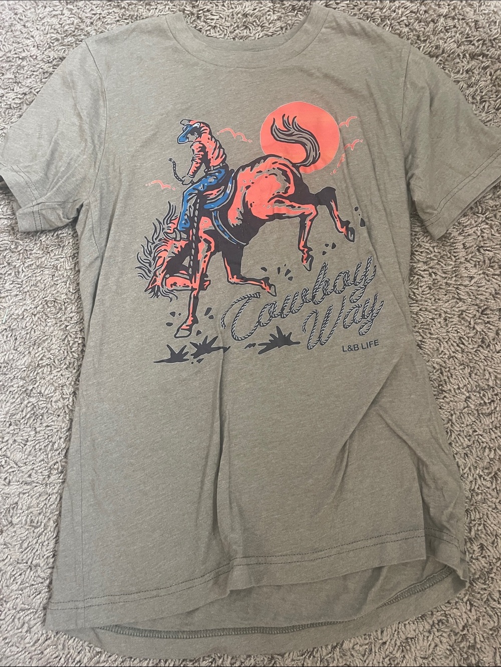 Bella Canvas Olive Graphic Tee with Coral and Navy Cowboy Print